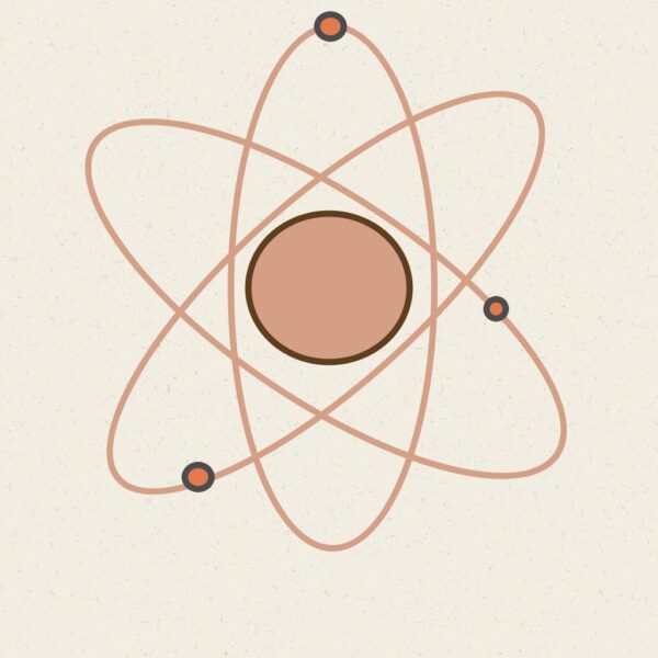 Electrons revolving around a brown nucleus
