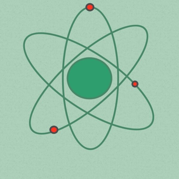 Electrons revolving around a green nucleus